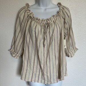 a.n.a Beige Striped Ruffle Short Sleeve Blouse Size XL